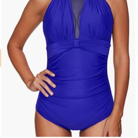 Tempt Me Women One Piece Swimsuit High Neck Plunge Mesh Ruched Monokini Swimwear - Picture 4 of 14